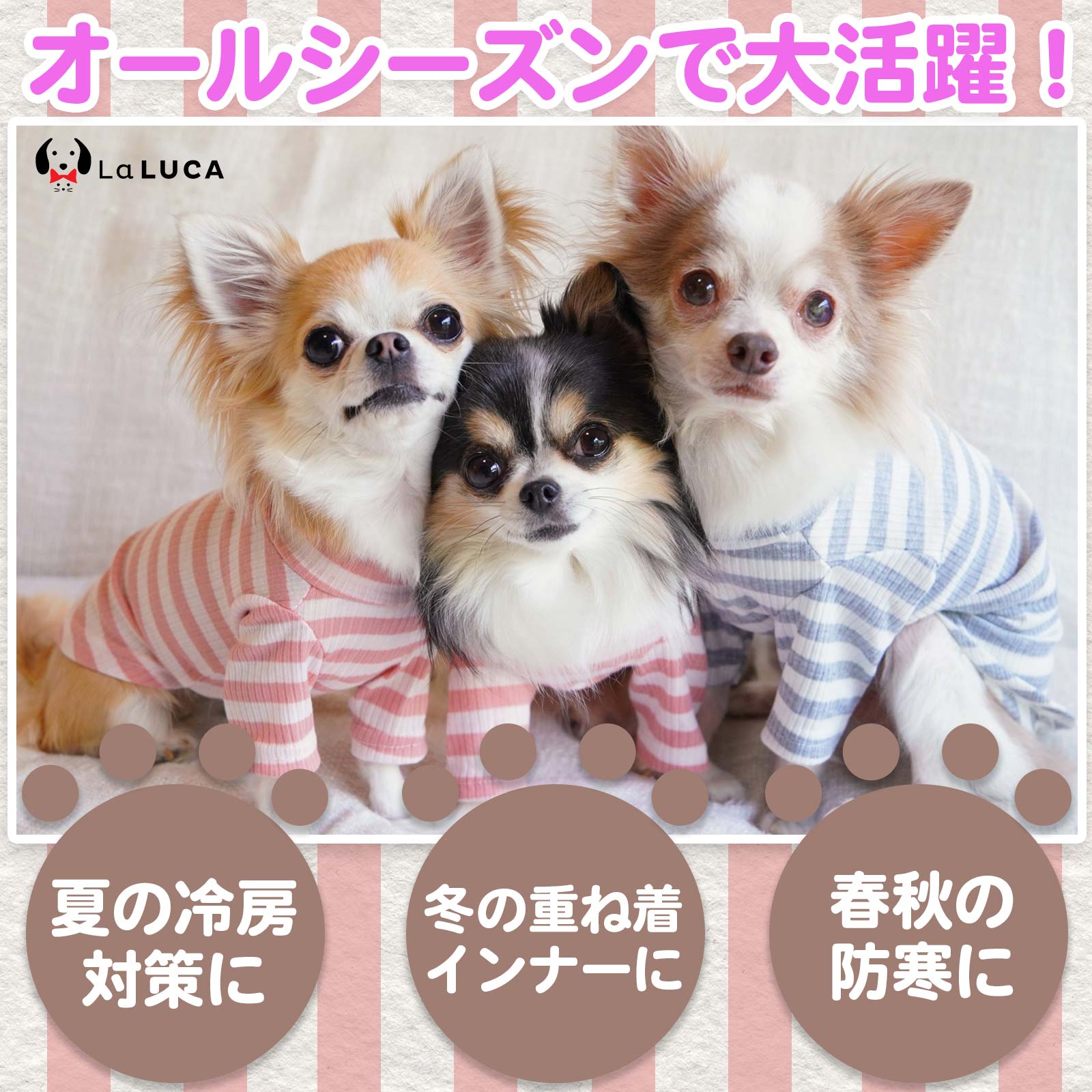 【送料無料】 犬 服 犬服 綿 コットン 袖あり ボーダー シンプル ドッグウェア 犬の服 Tシャツ 綿100% タートルネック 秋 春 オールシーズン LaLUCA
