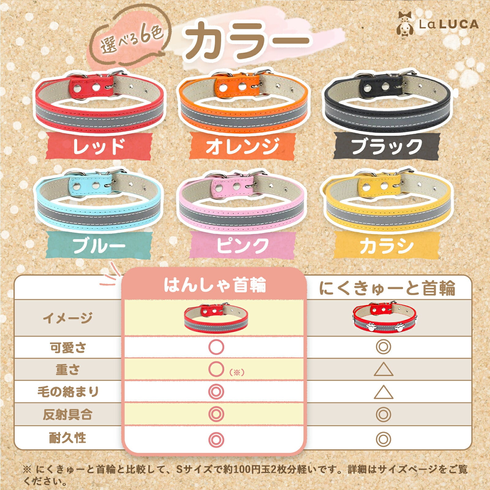 【送料無料】 はんしゃ首輪 首輪 犬 猫 首輪 おしゃれ 革 定番 スタンダード PU レザー 反射素材 小型犬 中型犬 ドッグ 散歩 かわいい かっこいい 散歩 人気 LaLUCA